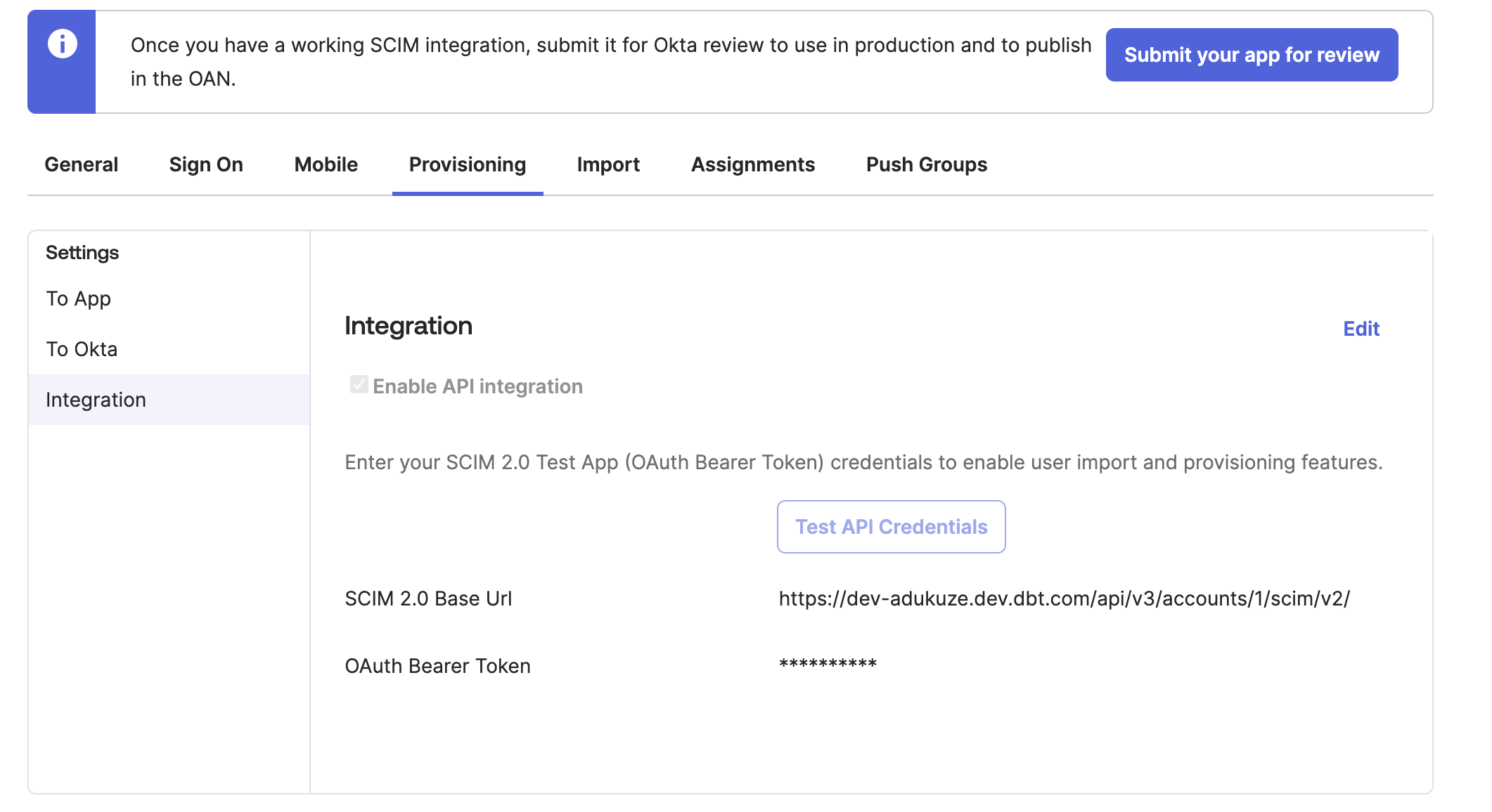 The completed SCIM configuration in the Okta app.
